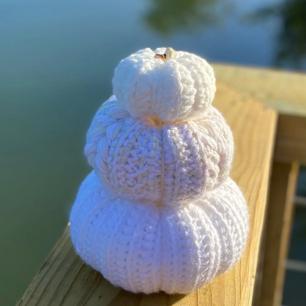 Crochet stacking pumpkin trio Neutral fall decor handmade one set - Picture 8 of 9